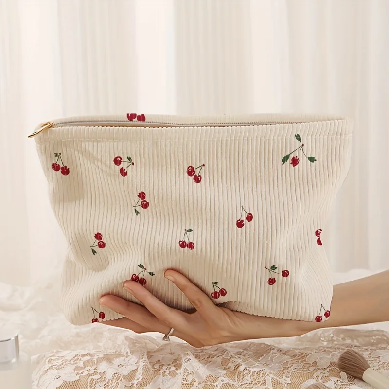 1Pc Creative Cherry Printed Corduroy Makeup Bag Lightweight Durable Zipper Makeup Storage Case Multi-Functional Bag With Lining