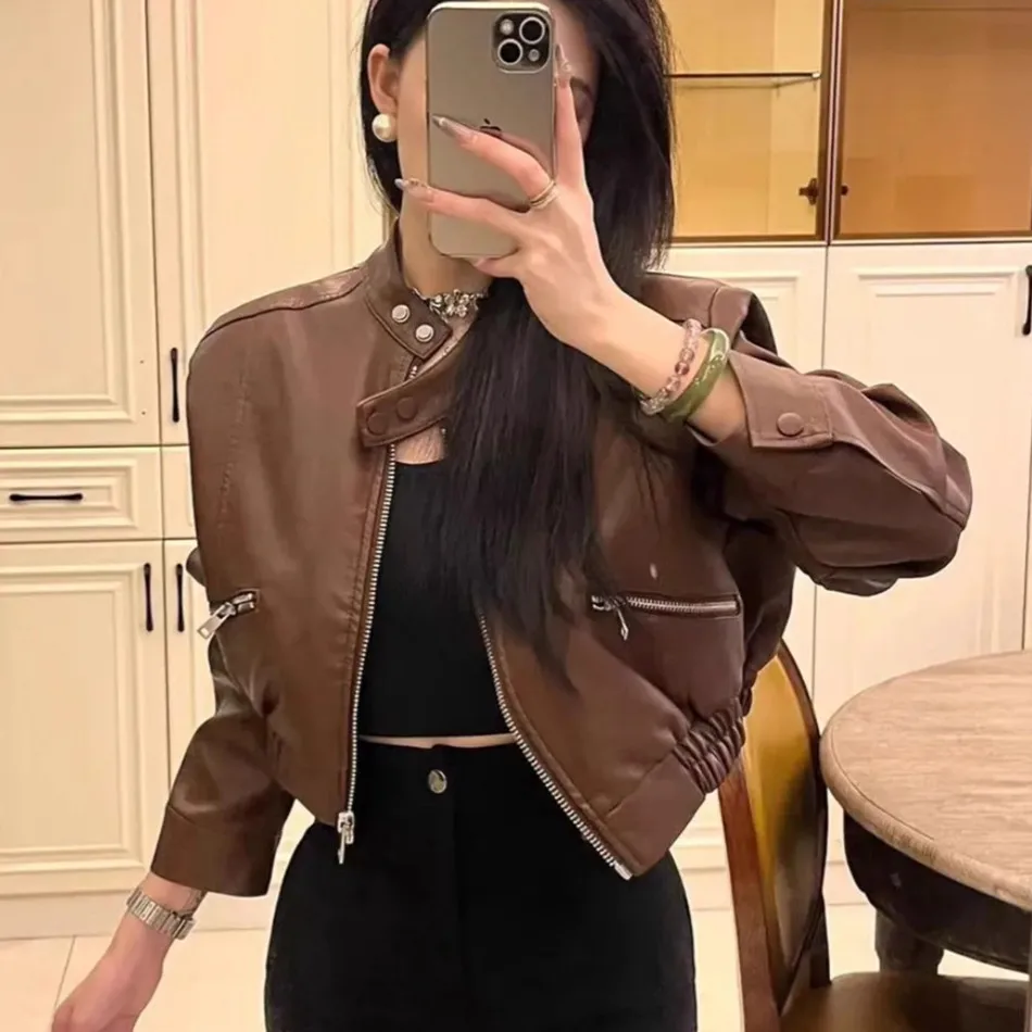 Women's 2026 Spring Autumn American Retro Short Zipper PU Leather Jacket Stand Collar Motorcycle Style Top Quality Fashionable