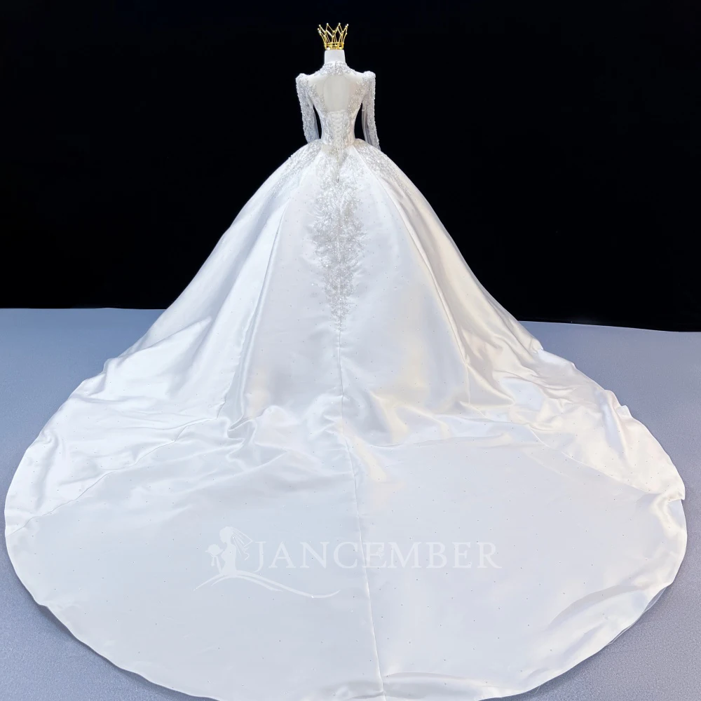 Customized Ball Gown Wedding Dresses High Neck Long Sleeves Vestido De Novia Court Train Lace Sequined Royal Robe De Mariee