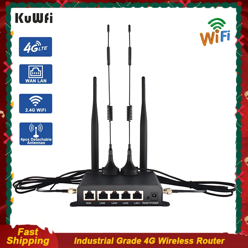 KuWFi 4G LTE Router 300Mbps Wireless WiFi Router 4pcs Detachable Antennas with WAN LAN RJ45 Port AP Repeater Mode SIM Card Slot