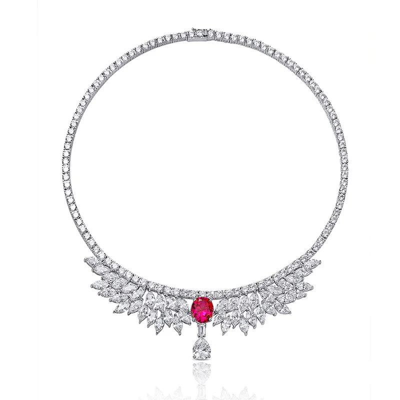 

BELLUX Fashion Light Luxury High End Design Neck Chain S925 Silver Full Set Zircon Angel Wing Rose Ruby Necklace