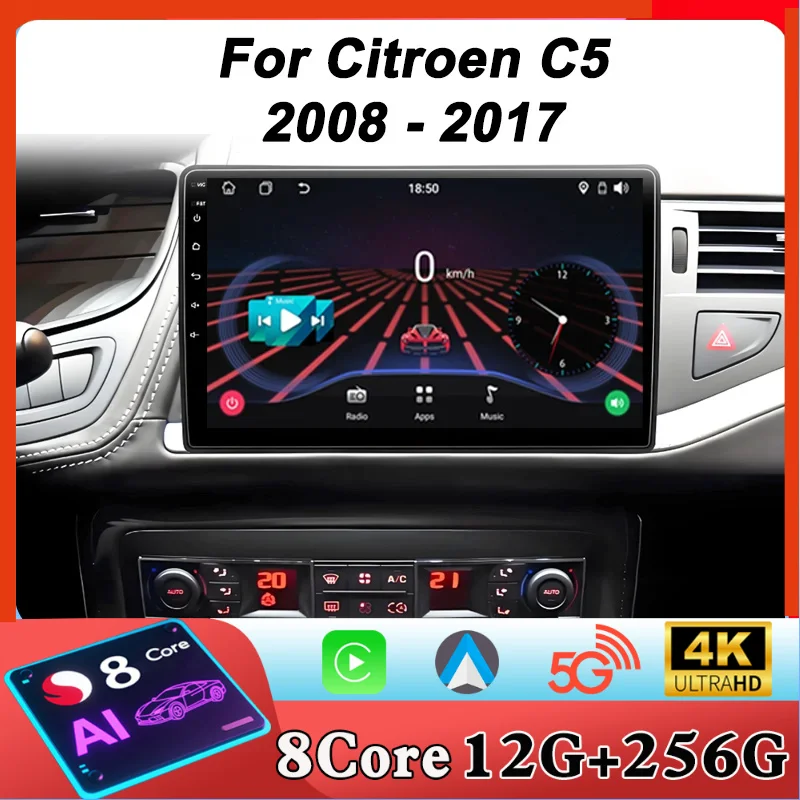 Wireless Android Auto Car Radio Player For Citroen C5 2008 - 2017 Carplay Stereo Touch Screen 8 Core BT GPS Navigation 5G Wifi
