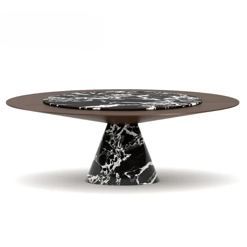 Mesa de Comedor de Mármol Negro Calacatta Viola de Centurystone, Superficie de Madera Ahumada, Base de Mármol, Mesa de Comedor Giratoria