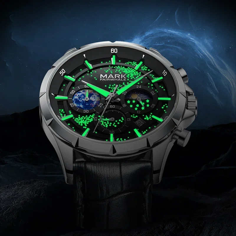 Man Multi Function Moon Phase Star Series Watch Men Leather Waterproof Luminous Automatic Quartz Watch