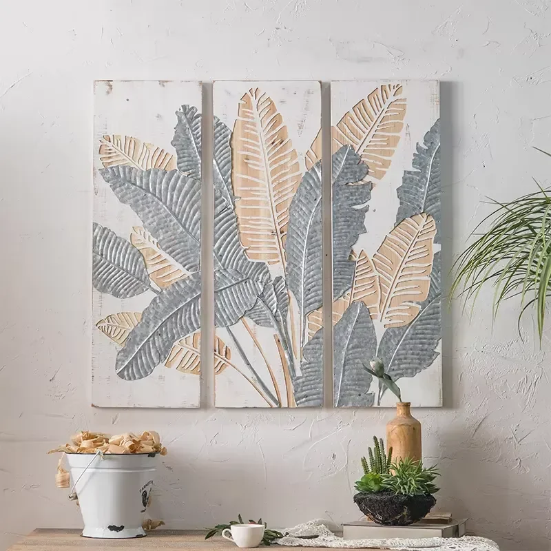 Solid Wood Wall Art Rectangle Living Room Wall Home Decor Leaf Metal Wall Art for Living Room