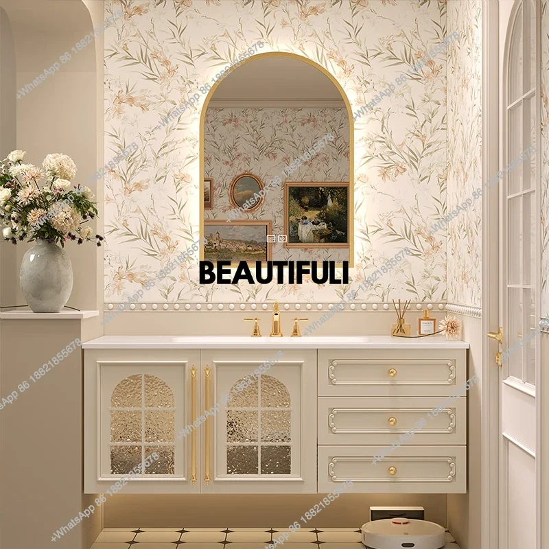 

New arrive French retro bathroom cabinet combination ceramic integrated basin smart mirror cabinet oak paint washstand
