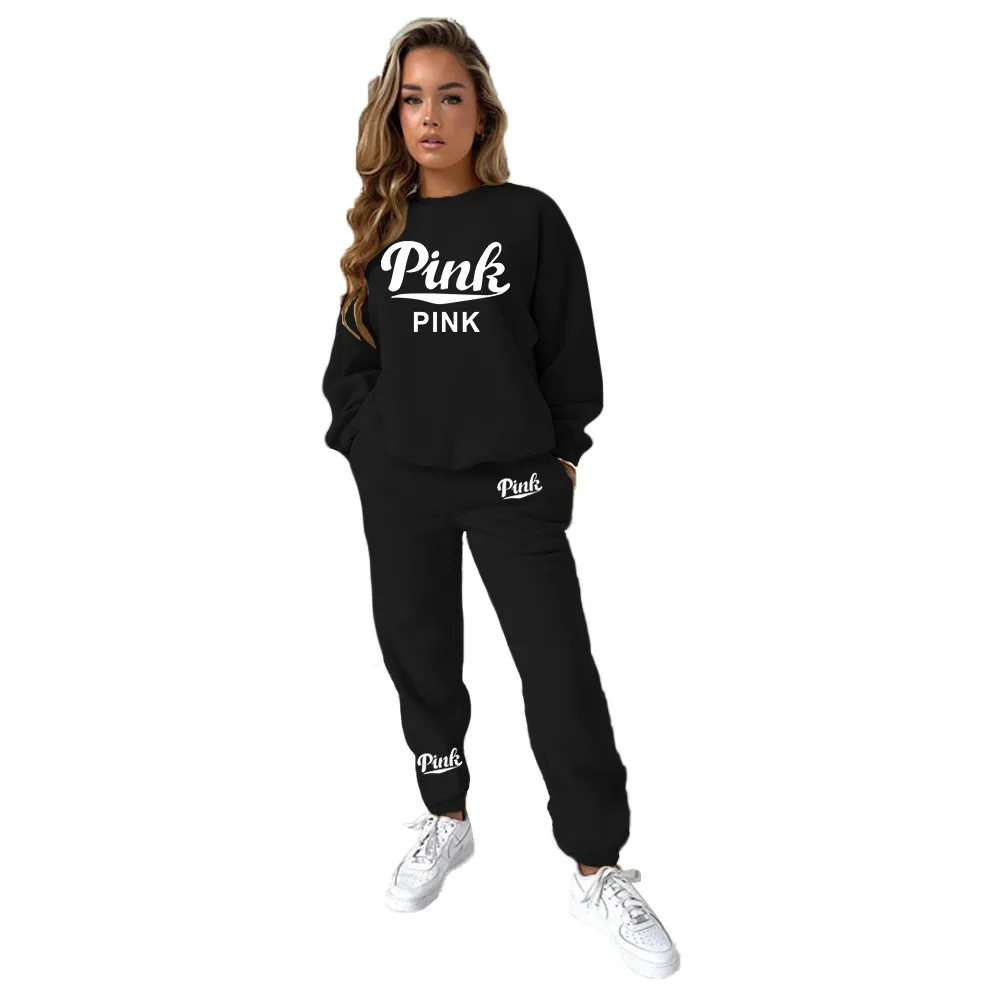 Sweatpants Set Women Fashion 2 Piece Set PINK Letter Print O Neck Long Sleeve Sweatshirt And Long Pants Set Suit Sporty Outfits