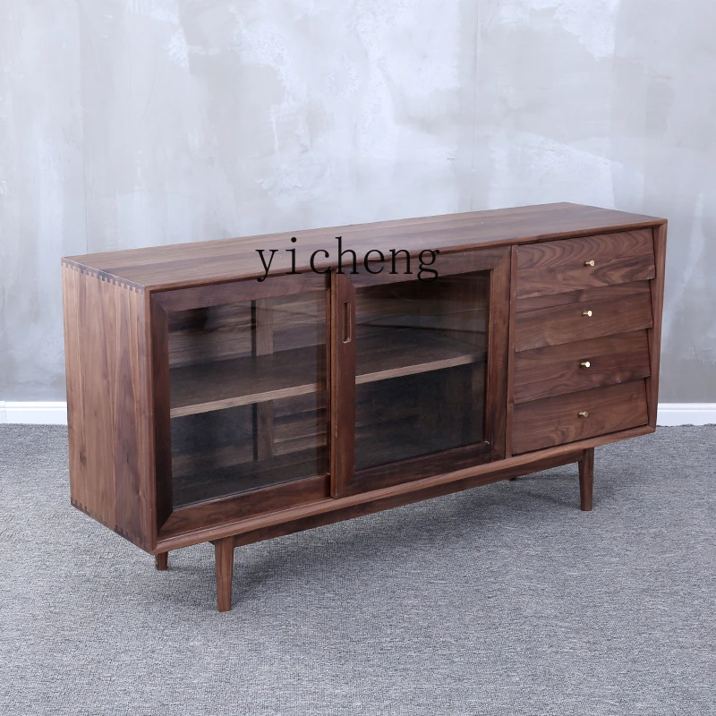 Zc Black Walnut Wood Sideboard Cabinet Oak Locker Glass Sliding Door Solid Wood Log Storage Simple Furniture