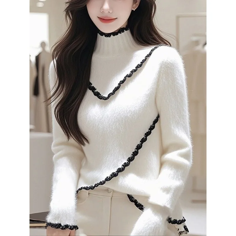 

Модная и элегантная белая водолазка с длинными рукавами, вязаный осенне-зимний женский повседневный мягкий восковой свитер, топ