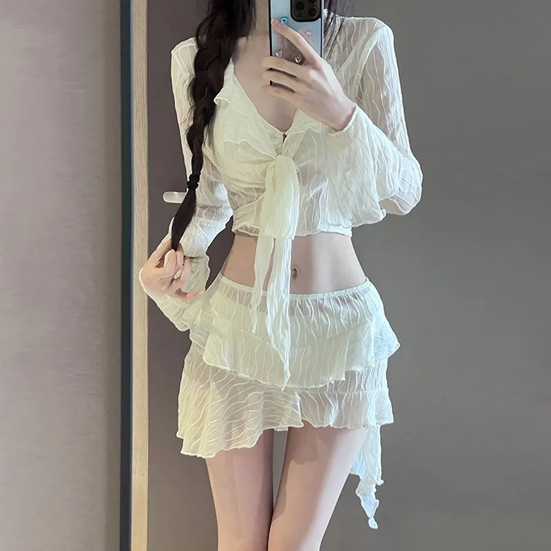 2025 nuevo traje de baño largo de encaje Sve conjunto de cuatro piezas Ele Sexy Pure Desire pequeño pecho recogido Vaion Bikini mujeres