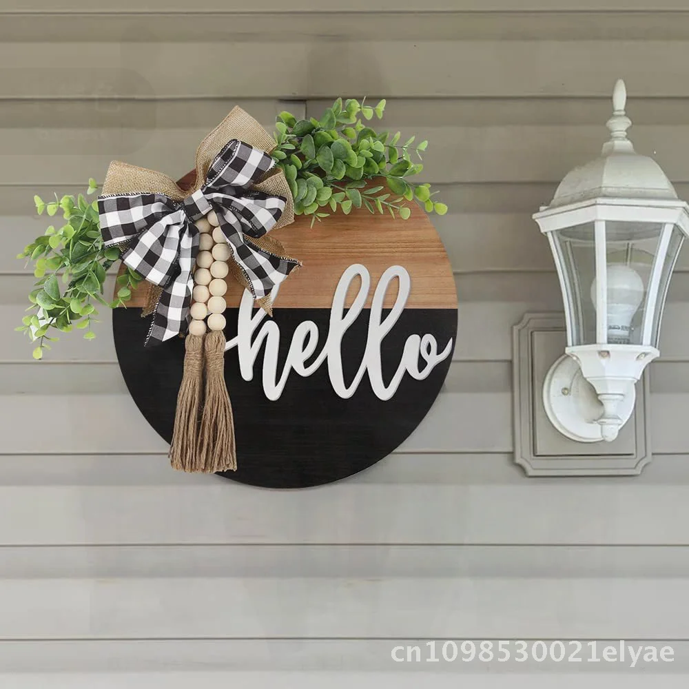 

3D Wooden Doorplate Welcome round Farmhouse Door Decoration Black Brown Two-tone Spring Summer Wreath Indoor Outdoor Hanging