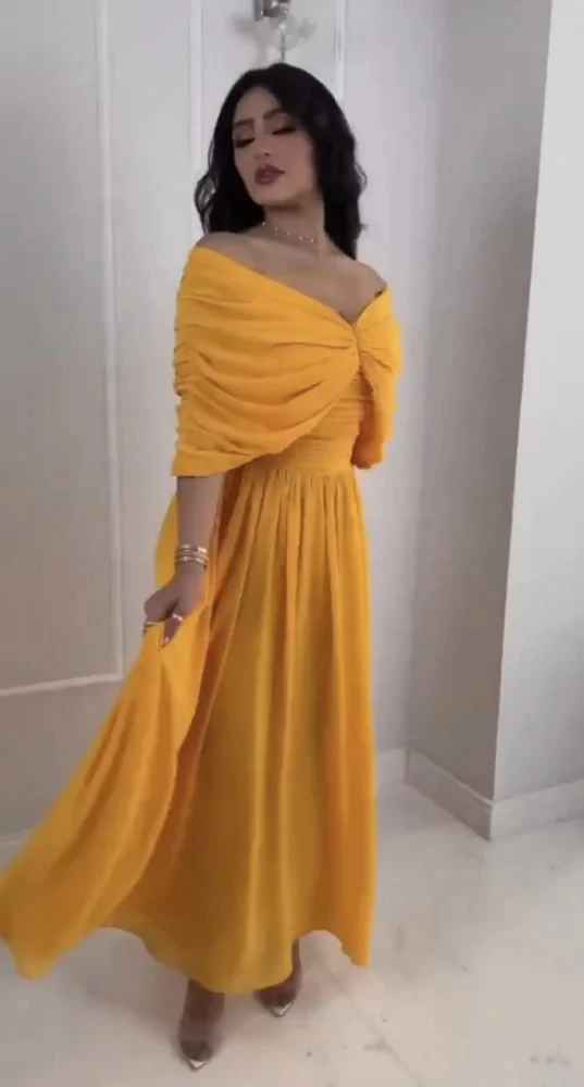 Morocco Party Dress Women Elegant Solid Color Yellow Long Vestidos Sexy V Neck Prom Chiffon Dresses India Longue Vestidos Largos