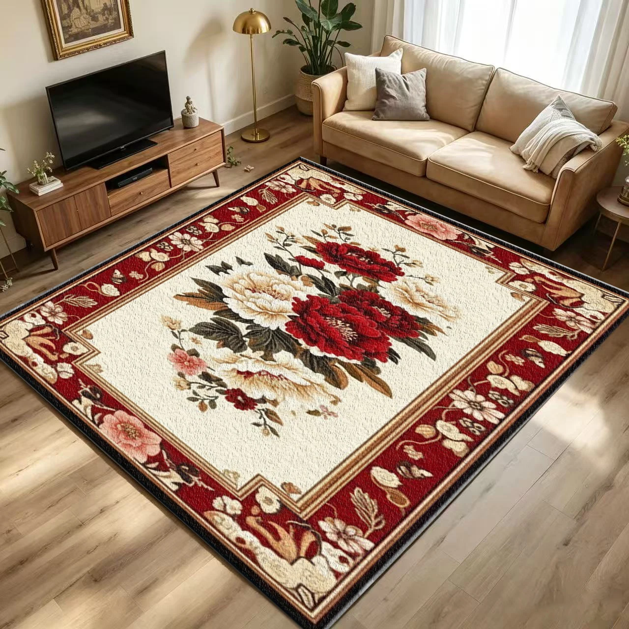 European Retro Peony Floral Area Rug, Non-Slip Floor Carpet for Living Room Bedroom Home Decor