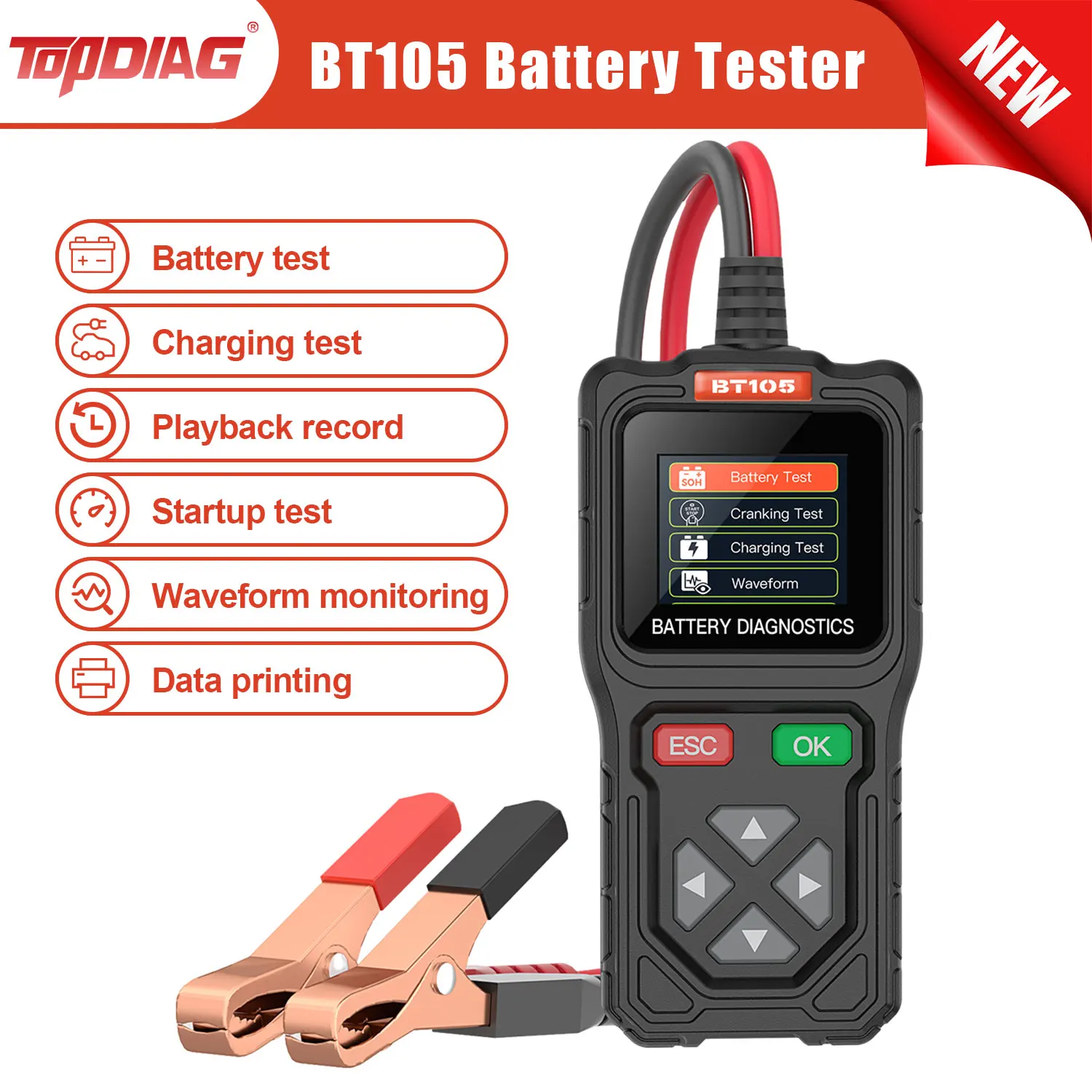 Topdiag BT105 Professional 6V-24V Motorcycle Battery Tester Auto Charger Test Tool 100-2000 CCA Auto Start Load Cranking Test