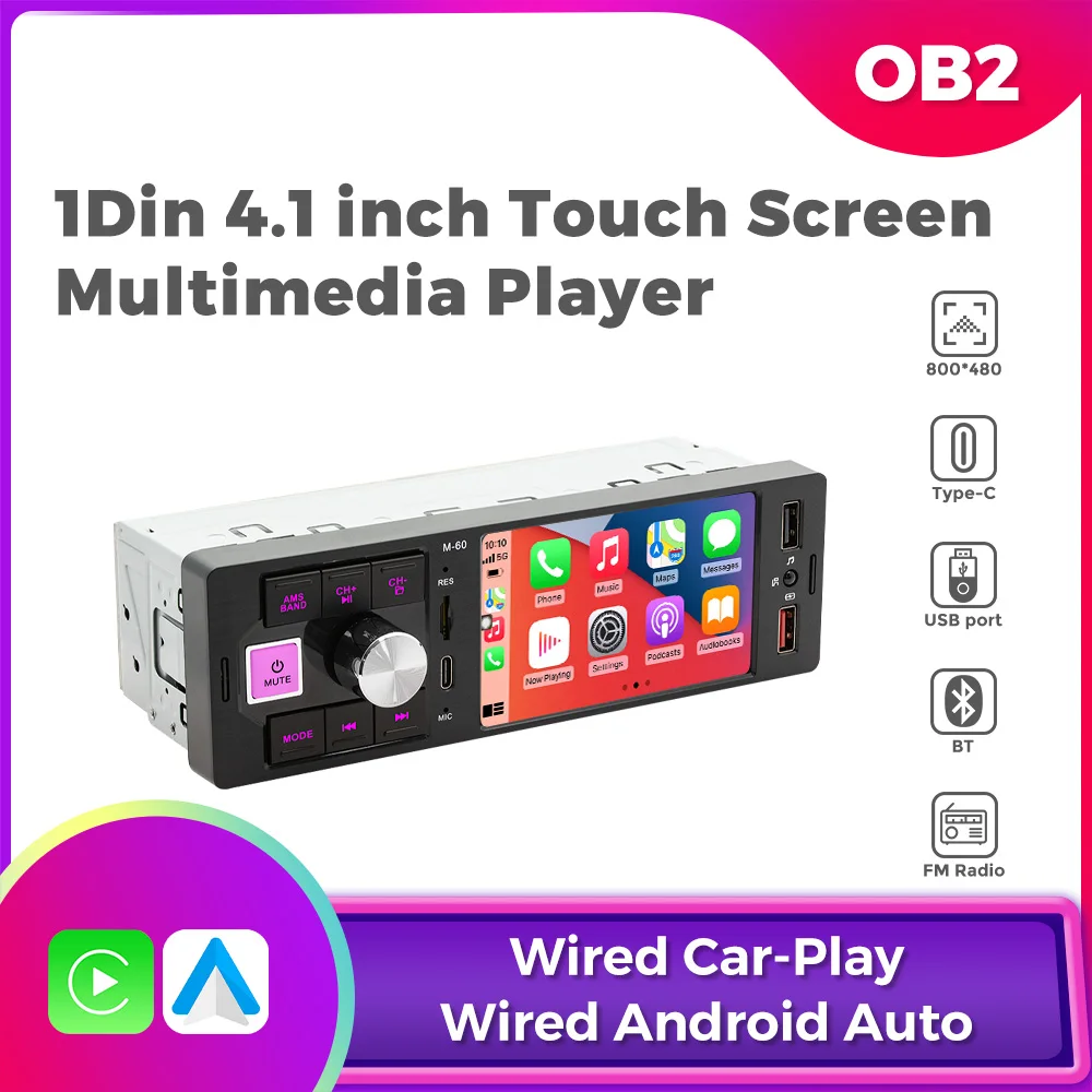 1Din 4.1Inch Carplay Android Auto Touch Screen HD Automotive Multimedia Car MP5 Player USB FM Bluetooth TF Card Stereo Video AUX