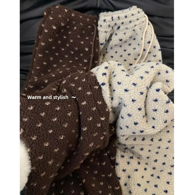 Autumn Winter Lamb Velvet Checked Casual Pants Women's High Waist Long Knitted Thickened Fleece Polka Dot Patterned Trousers