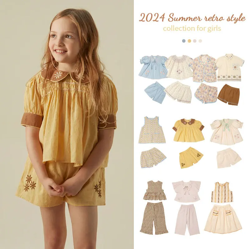 APO Children's Suit, 2024 Summer  New Girls' Pastoral Style Top and Shorts Two-Piece Suit