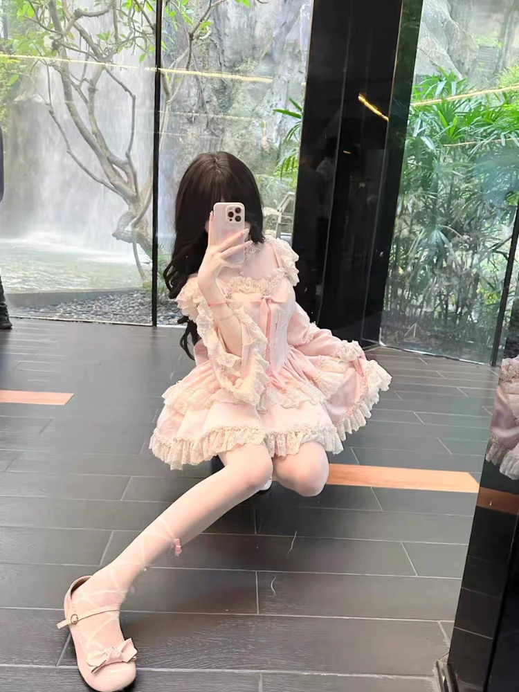 Kawaii Lolita Suits Japanese Party Dress Women Y2k Korean Sweet Fairy New Design Puffy Dress 2 Piece Dress Sets 2000s Vintage