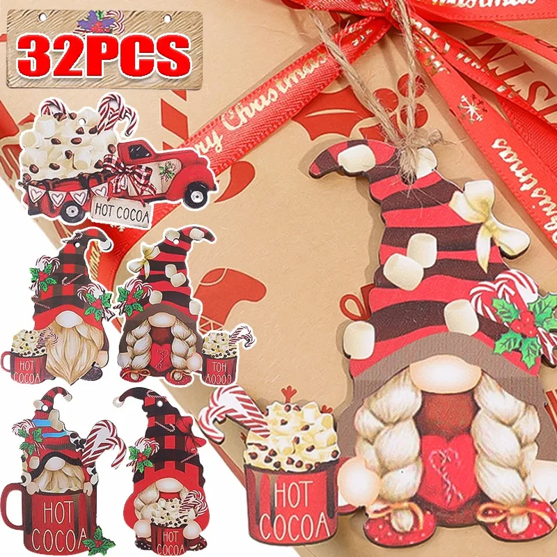 8/32 adet noel Gnome kolye ahşap noel ağacı asılı Oranment DIY sevimli cüce noel zanaat halat ile yeni yıl dekor için