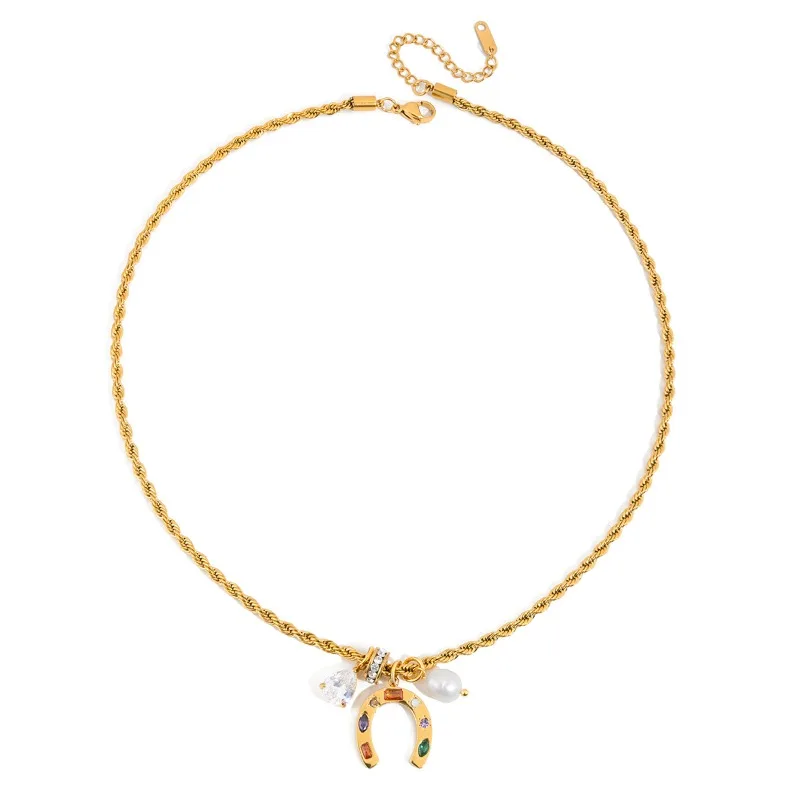

Minar Exquisite CZ Zircon Horseshoe Freshwater Pearl Pendant Necklaces for Women 18K Gold Titanium Steel Twist Rope Chain Choker