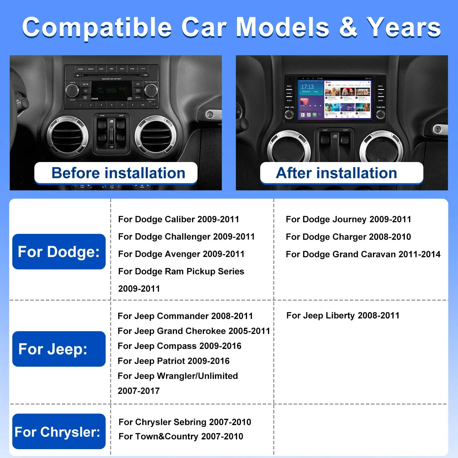 Car Radio, Auto Screen Stereos 7inch Car radio bluetooth For Dodge For Jeep For Chrysler Android 15 Carplay Multimedia Monitor