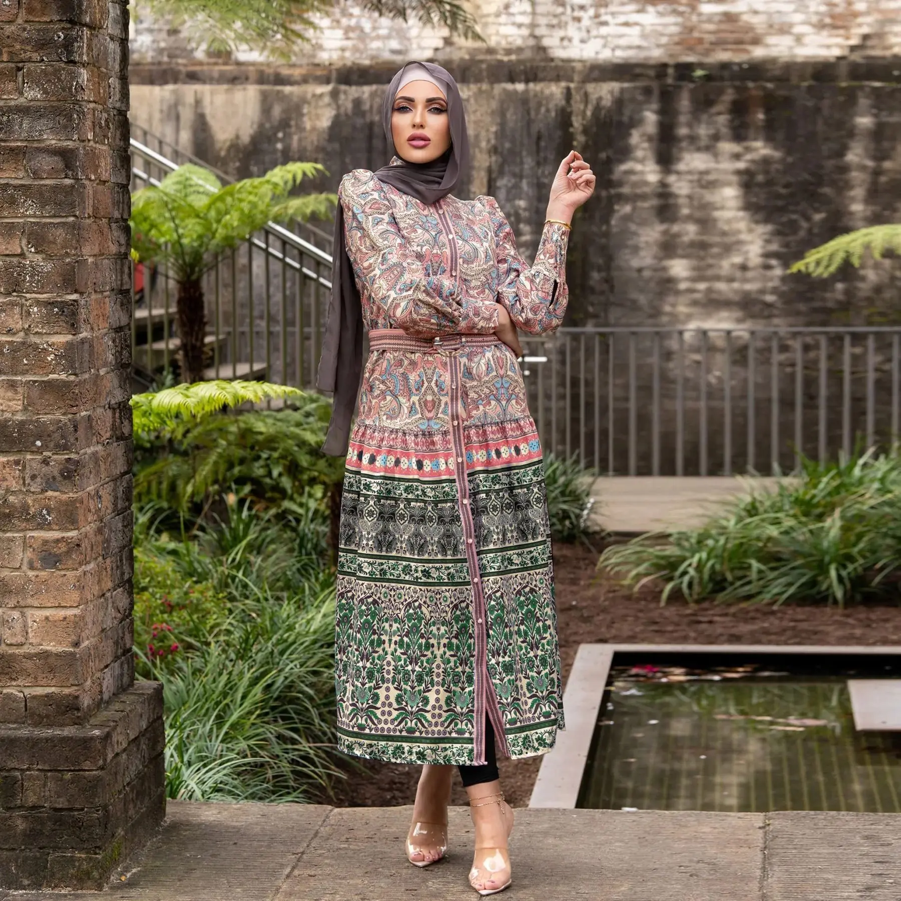 M167# Women's Malay Indonesian Muslim Print Dress