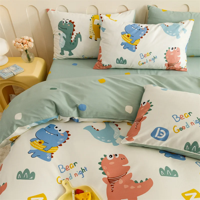 Kids Cartoon Dinosaur Duvet Cover Cotton Bedding Set Cute Dino Animal Quilt Cover Boys Girls Comforter Cover with 2 Pillowcases