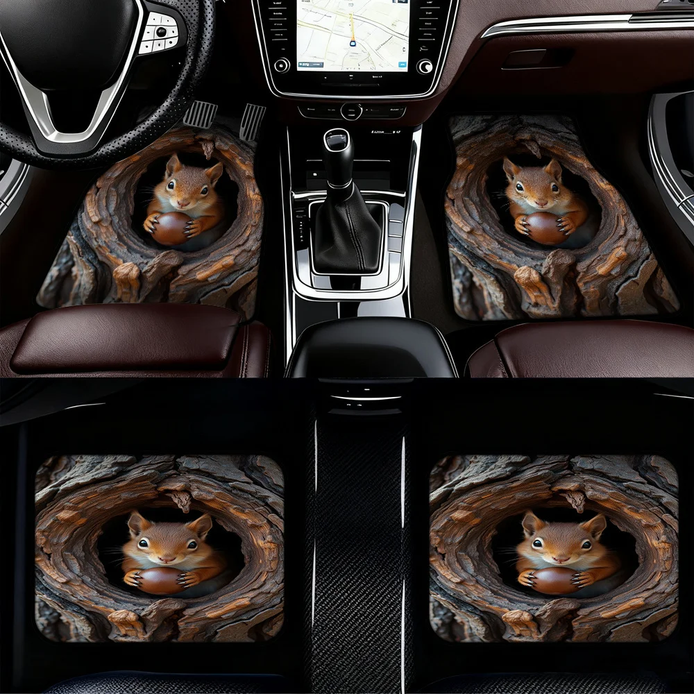 4pcs Squirrel Nature Closeup Portrait Vehicle Floor Mats For Minivans & SUVs - Durable Polyester, Easy Maintenance, Stylish Desi