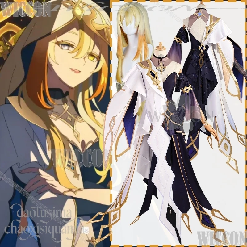 

Naberius Cosplay Game Genshin Impact Costume Golden Goddess Design Sexy High Slit Dress Vintage Lolita Wig Halloween Comic Con