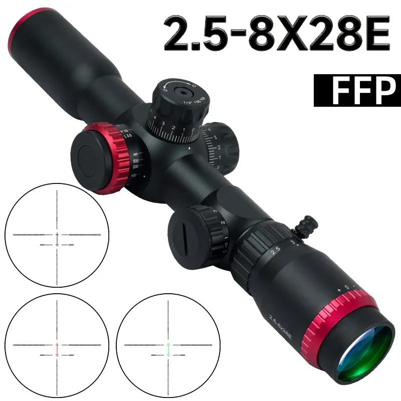 

2.5-8x28 FFP Riflescope Accurate Adjustment Red/Green Illuminated Scope Hunting Optical Tactical Long Range Shooting 1/4" 100Yds