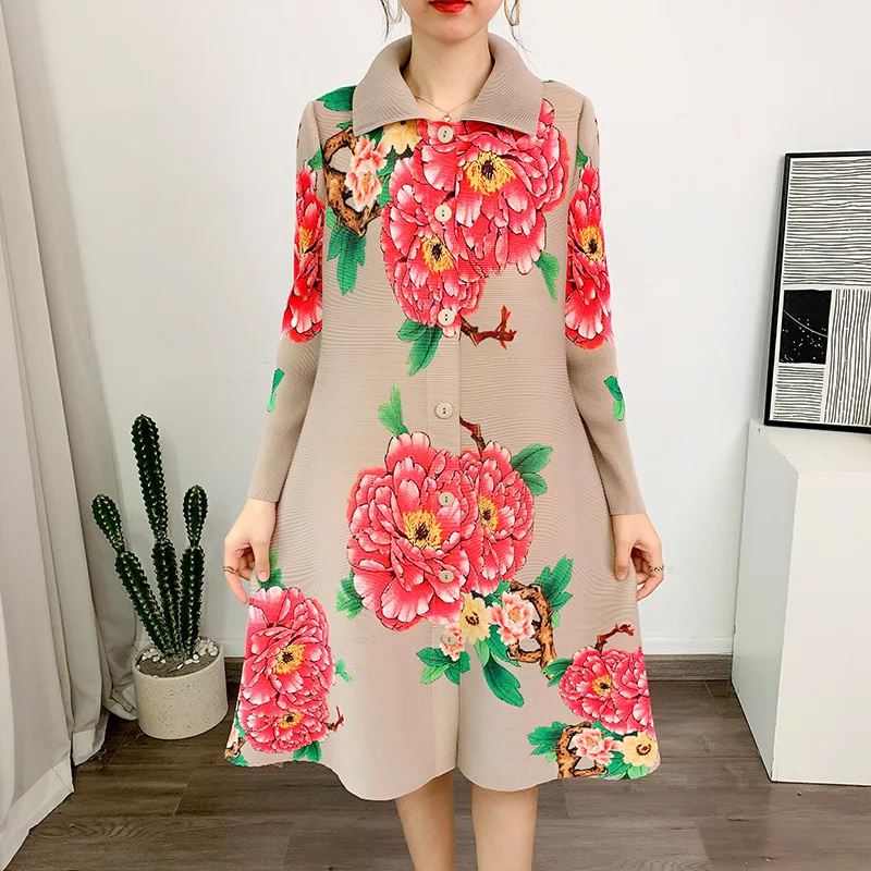 Miyake Style Pleated Dress for Women 2023 Spring New High-End Fashion Printed Loose Plus Size Single-Breasted Cardigan Dresses