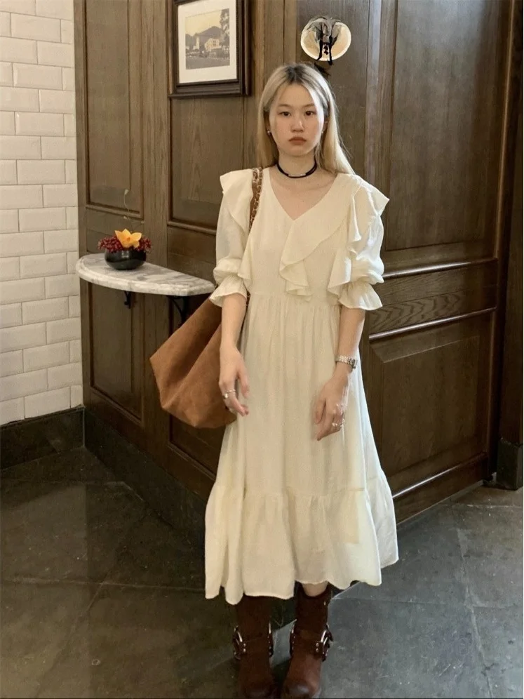 

plus Size Women's Gentle Style Long Sleeve Dress Early Autumn New Loose Slimming Design Leaf Long Dress Commute Style Ko...
