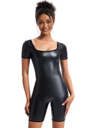 Faux Leather Rompers Bodycon Jumpsuit Activity Streetwear playsuits New Women's One Pieces Jumpsuit U-Neck Short Sleeve Jumpsuit