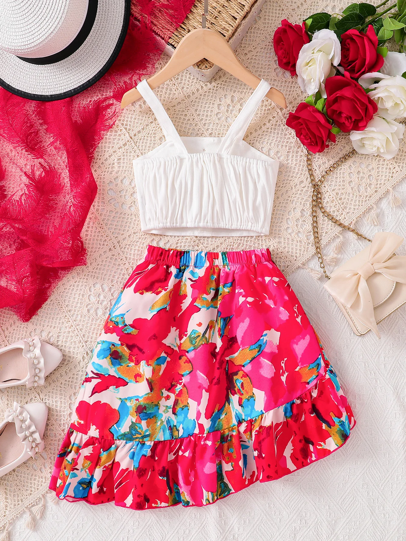 2-Piece Set for Girls, Fashionable Summer Outfit, Solid Color Knitted Button-Up Camisole Short Top + Elastic Waist Floral Print Skirt, Casual and Comfortable Everyday Wear for Girls, Youthful and Versatile Children's Clothing, Stylish and Versatile Outdoor Wear for Young Girls