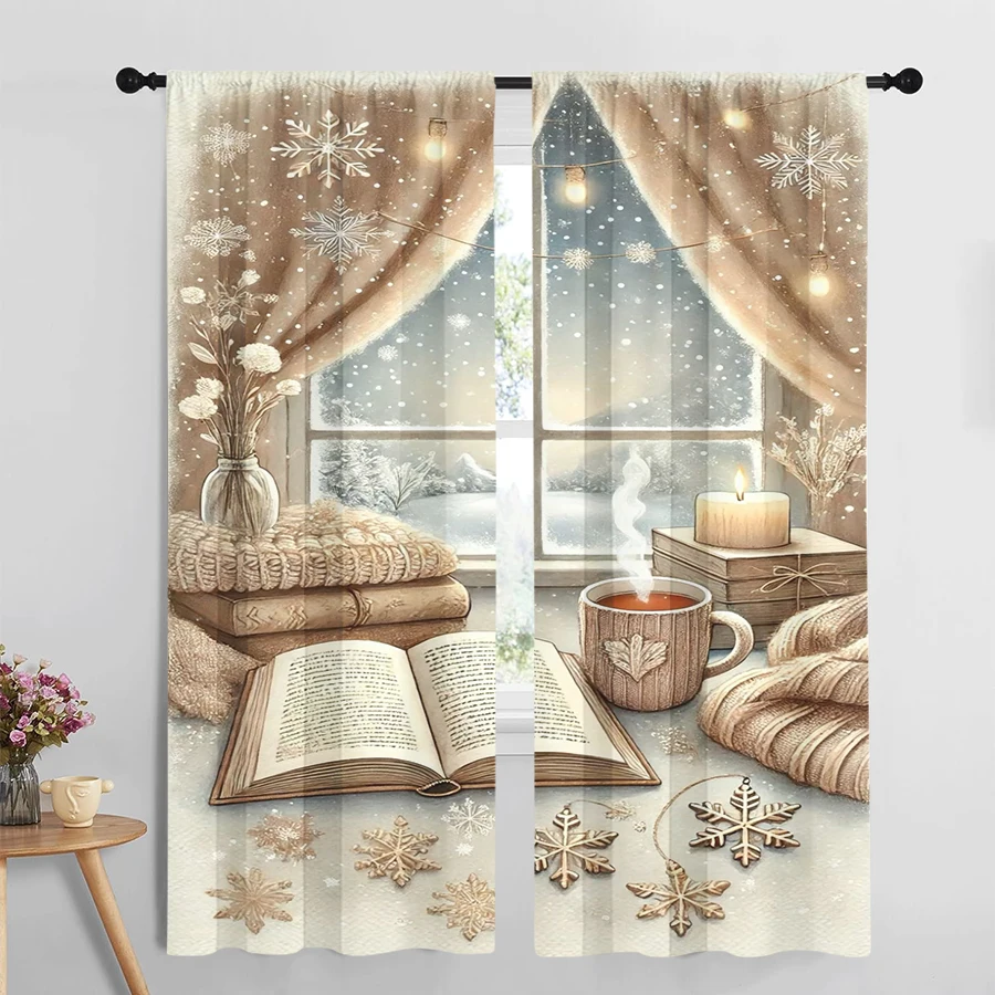 2PCS Digital Print Curtains, Cozy Window Coffee Cup Christmas Pattern, Warm Hygge Style for Xmas Holiday Season Home Decor