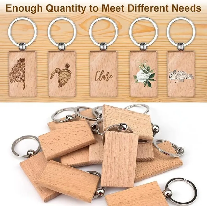 5/10pcs Blank Rectangle Wooden Key Tag Engraving Blanks Unfinished Wood Keychain Ring Pendant For DIY Crafts Making