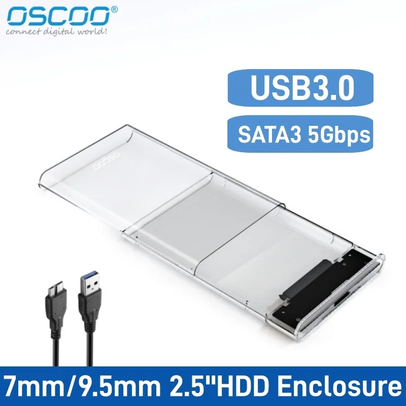 OSCOO 2,5-дюймовый внешний жесткий диск Корпус USB 3.0 к SATA III Прозрачный жесткий диск без инструментов для 2,5-дюймового жесткого диска 7 мм 9,5 мм SATA HDD