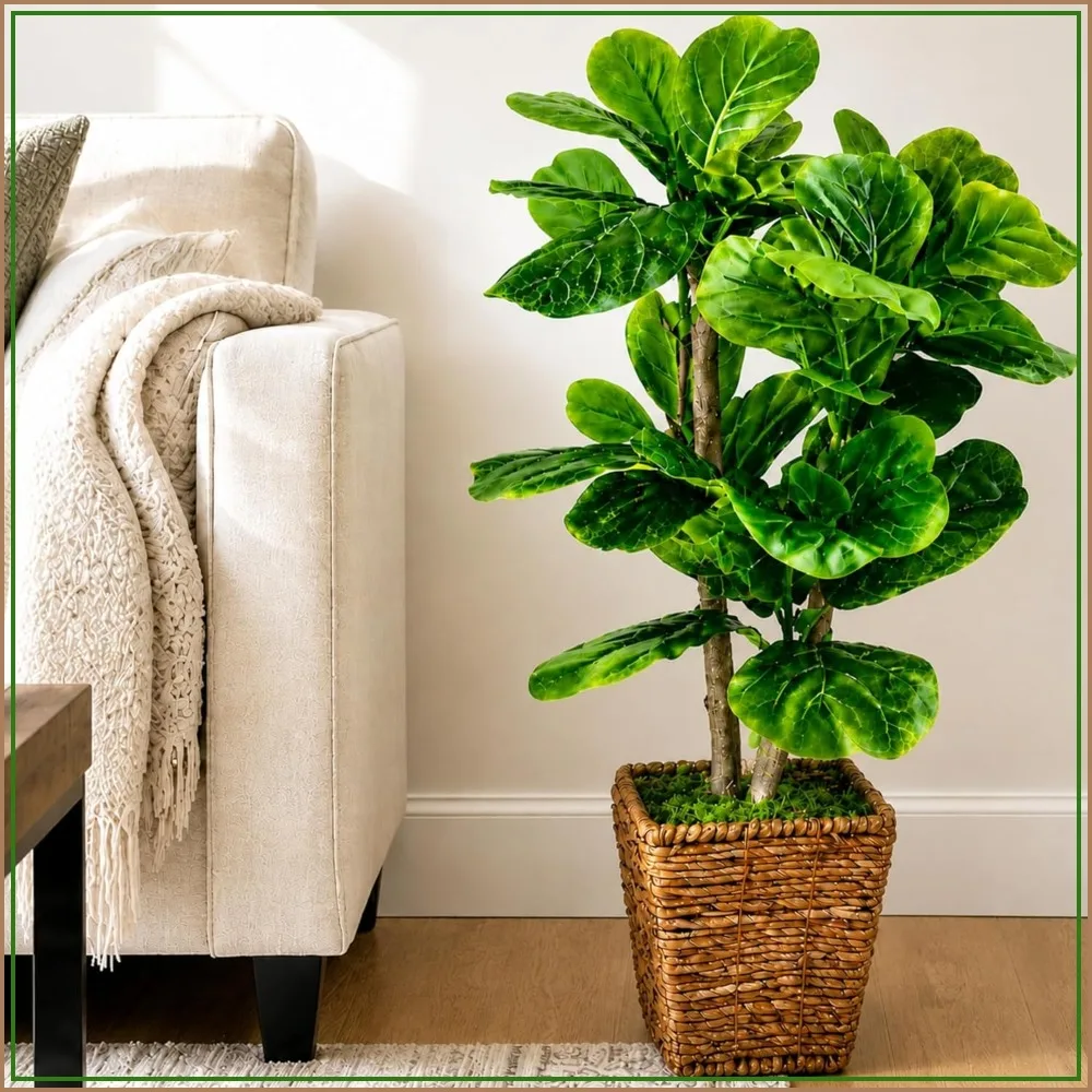 

3ft Artificial Fiddle Leaf Fig Tree in Woven Basket, Real Wood Trunk, Fake Plant for Home Office Living Room Decor, No Maintenance