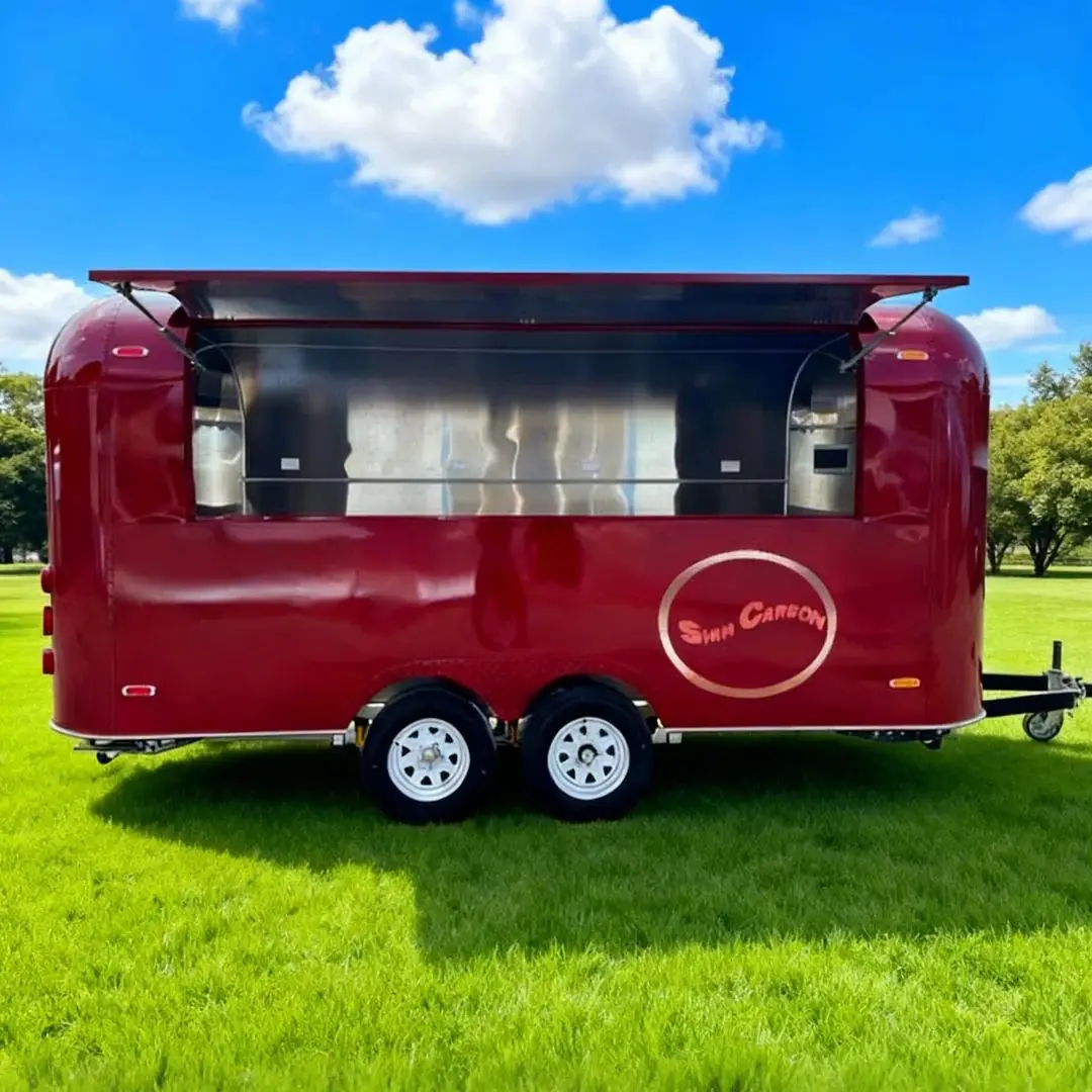 

Outdoor Food Trailer Streamlined Body Bright Red Main Color White Wheel Hubs Sharp Contrast Catering Kitchen Trailers for Sale