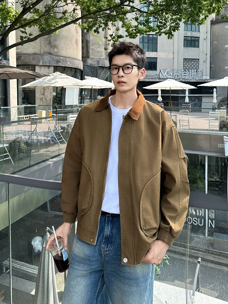 

Khaki Barn Sle Men's Jaet Cotton Pure Patchwork Collar Large Size American Workwear Top Casual Loose Fit Autumn Outerwear