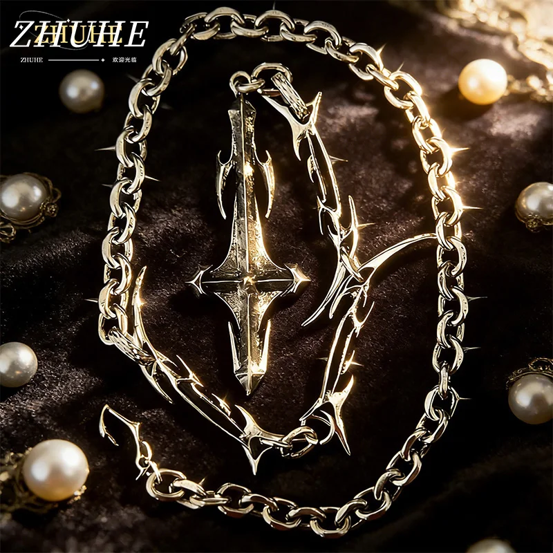 

Punk Rock Thorn Sword Pendant Necklace, Copper Jewelry Accessories for Women & Men, Gothic Choker Chain, Unisex Edgy Fashion Jew