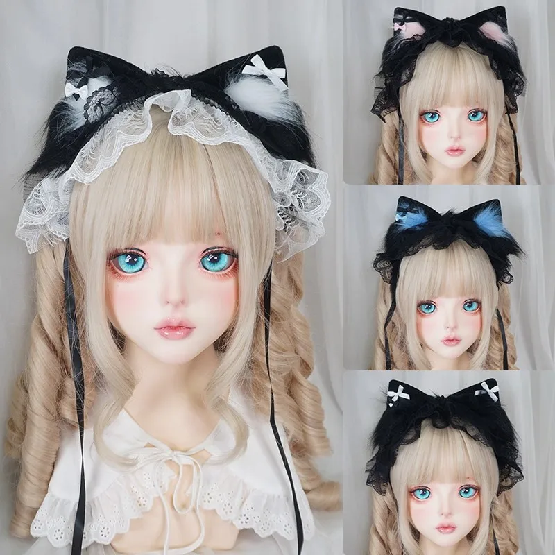 

New Handmade Cosplay Black Lolita Lace Cat Ear Headband Sweet Cat Girl Furry Ear Headpiece Subculture KC Maid Hair Accessories