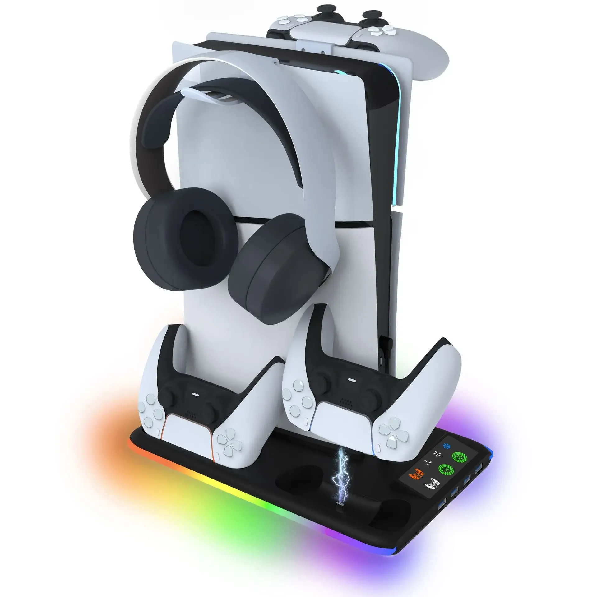 

HA-8008 for PS5Slim host Multi functional Cooling Base for PS5 Slim Controller Dual Charging Stand bracket Storage RGB light