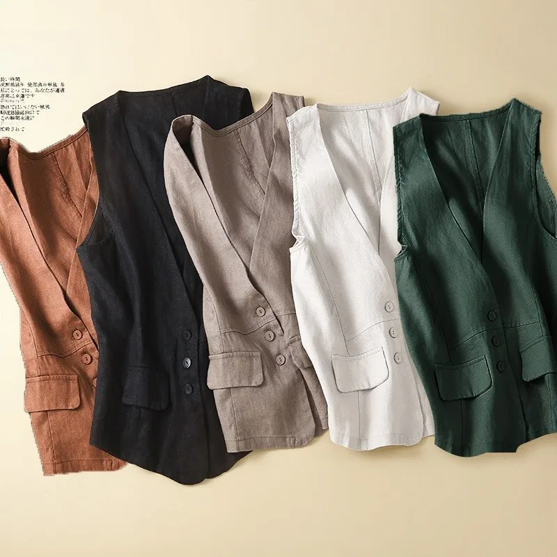 

Loose Fit Cotton Linen Tank Top Women's Clothing Brand Tag Removed Svel V-Ne Single Button Closure Regular Length