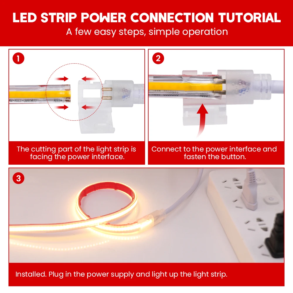 Self Adhesive COB Strip Light 220V Waterproof Outdoor Lamp With Switch Dimmer EU Plug High Brightness Led Light for Room Decor