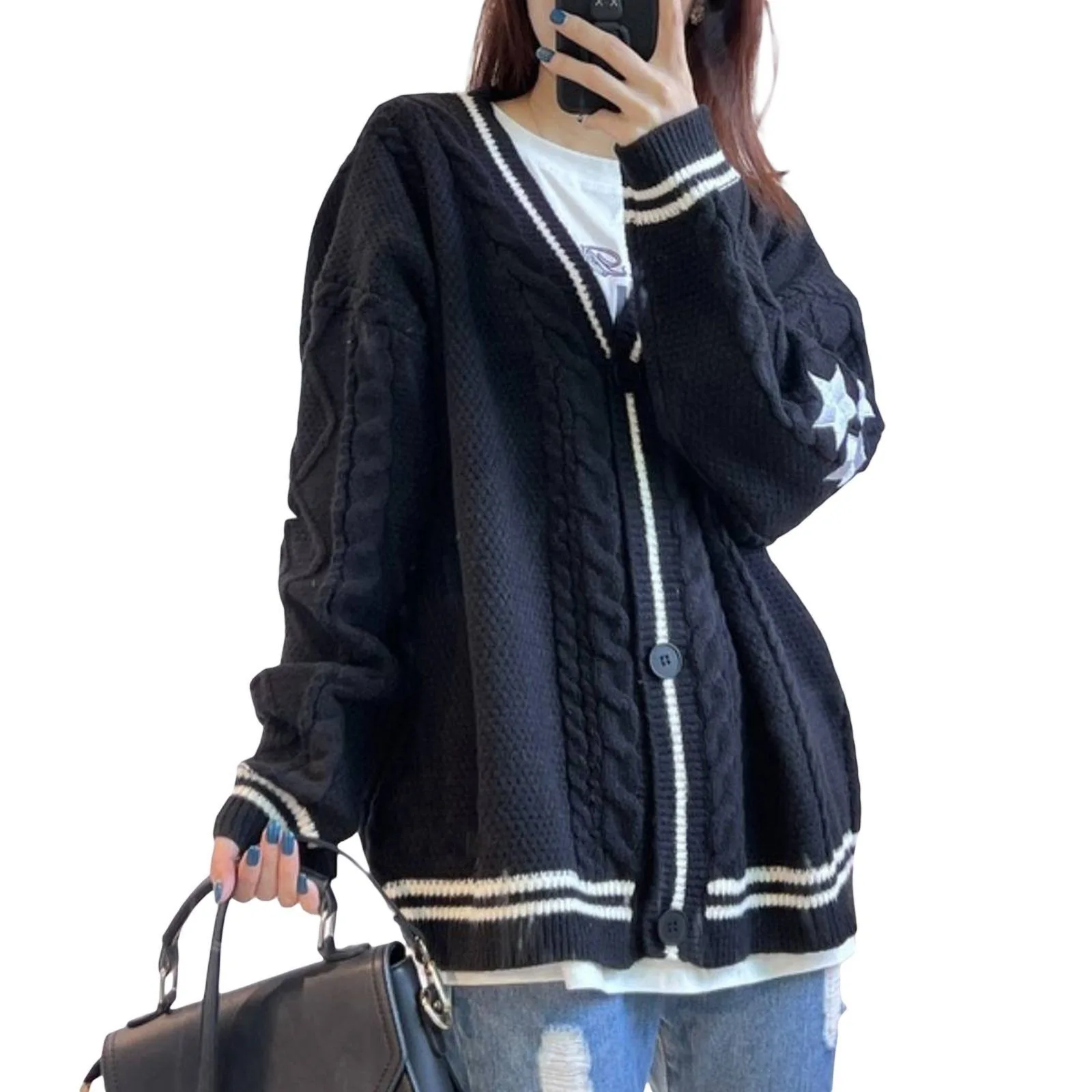 Women's Y2K Varsity Striped Cardigan Oversized Star Patch Knit Sweater Button Up V Neck Fall Winter Streetwear 2026