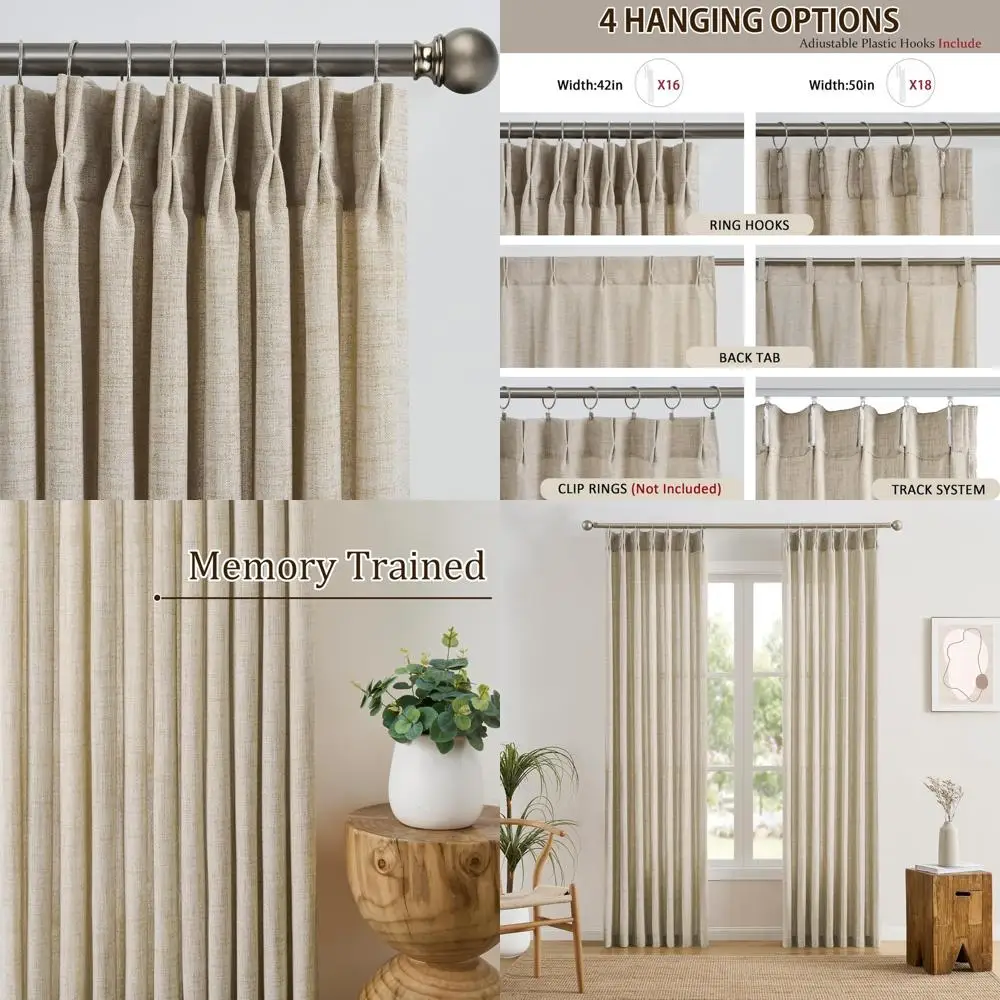 

Бежевые льняные панели для штор с текстурированными складками и нейтральными крючками в стиле бохо