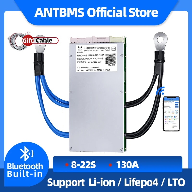 ANT 8-22S Smart Balance BMS 24V 36V 48V 60V LiFePO4/LTO/NCM 130A Bluetooth App Control for Solar/E-Bike/EV Battery