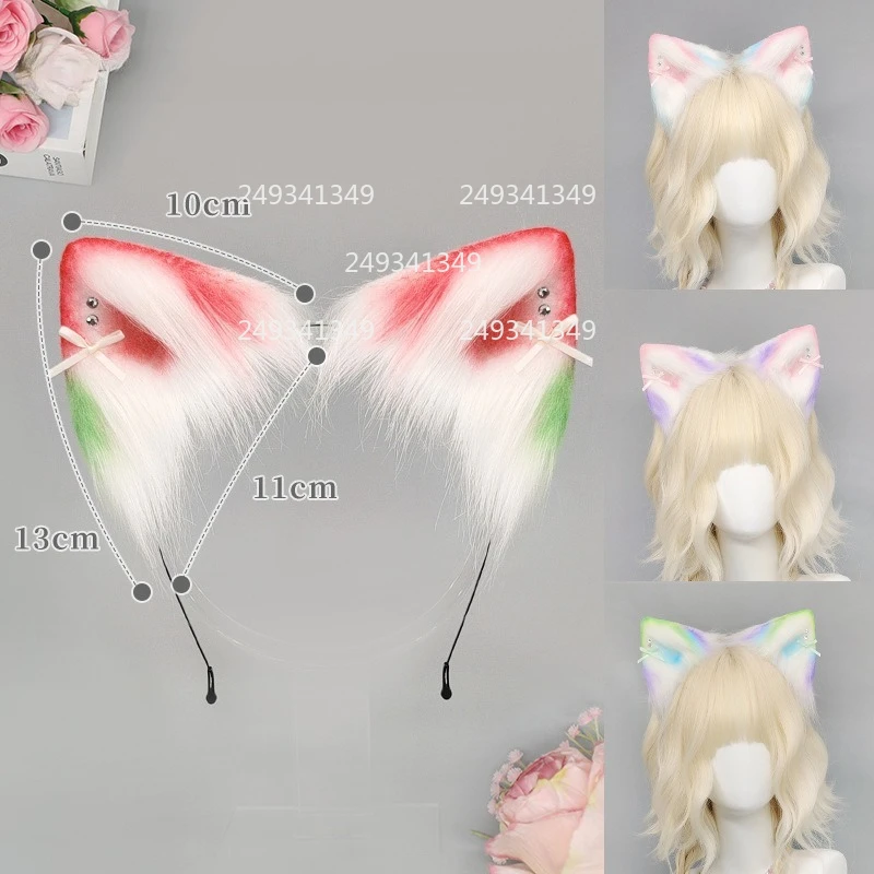 Colorful Gradient Cat Ears Women Cosplay Headwear Lolita Bow Plush Headdress Comic Con Lovely Cat Ears Party Costume Accessories
