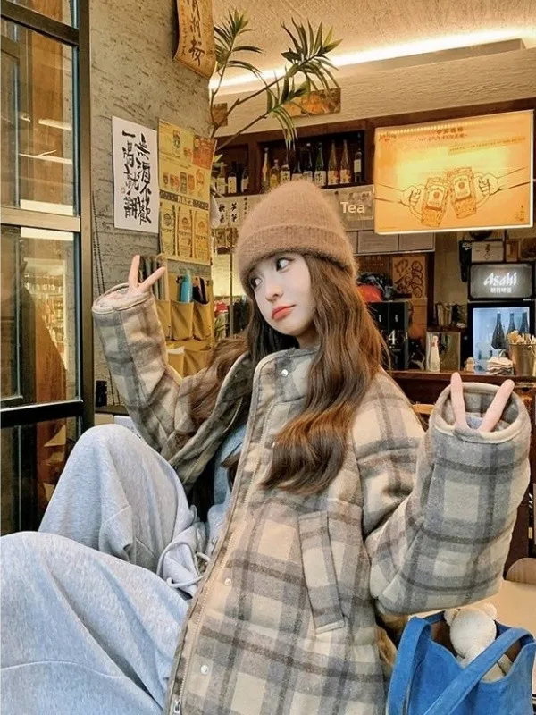 Retro ort Puffer Jaet frauen Winter Thi Warme Koreanische Sle Plaid Lose Brot Mantel Casual Pendeln Sle Oberbekleidung